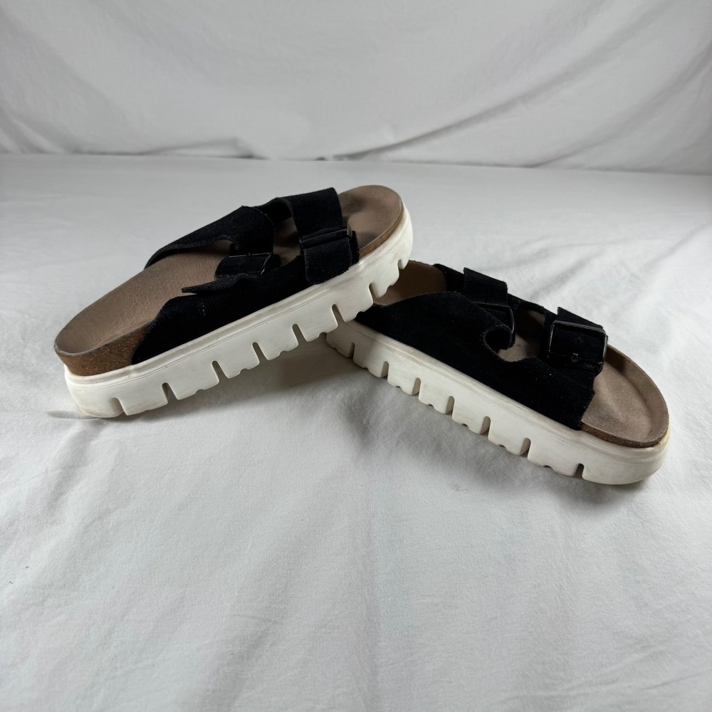 Papillio Birkenstock Size 38/7.5 Black Suede Double Strap Platform Sandals - Picture 2 of 7